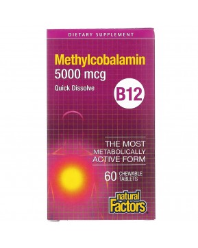 Natural Factors, витамин B12, метилкобаламин, 5000 мкг, 60 жевательных таблеток